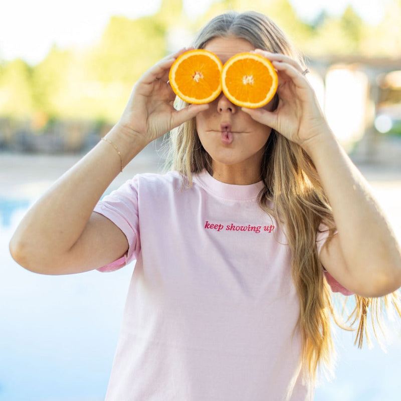 Embroidered Keep Showing up (center) / Printed You're Doing a Good Job (on back) - Soft Pink Comfort Colors Tee