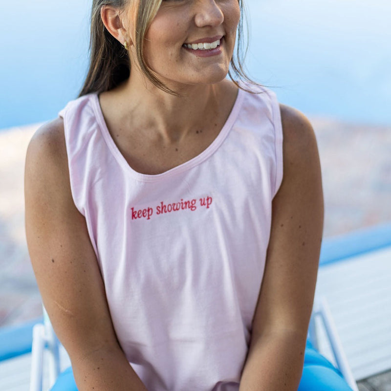 Embroidered Keep Showing up (center) / Printed You're Doing a Good Job (on back) - Soft Pink Comfort Colors TANK
