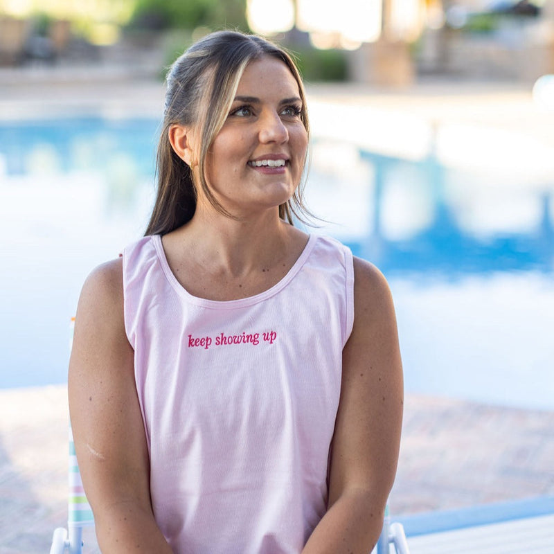 Embroidered Keep Showing up (center) / Printed You're Doing a Good Job (on back) - Soft Pink Comfort Colors TANK