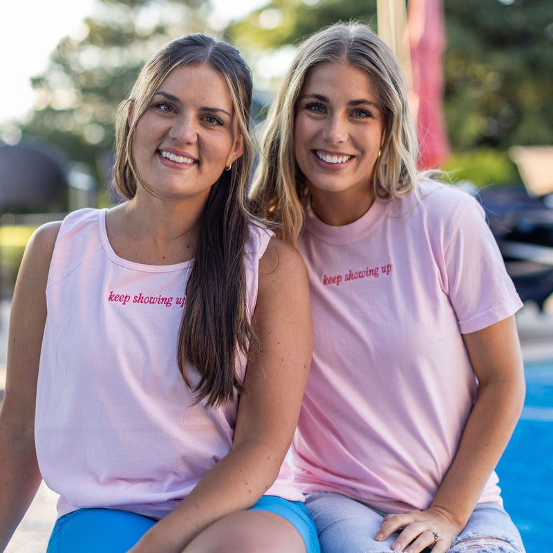 Embroidered Keep Showing up (center) / Printed You're Doing a Good Job (on back) - Soft Pink Comfort Colors TANK