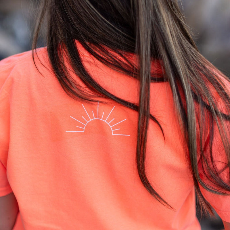 Embroidered Go Ahead and Live a Little / Printed Sunrise (on back) - Neon Tangerine Pocket Tee