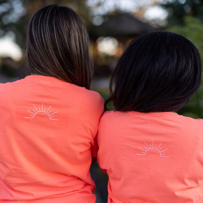 Embroidered Go Ahead and Live a Little / Printed Sunrise (on back) - Neon Tangerine Pocket Tee