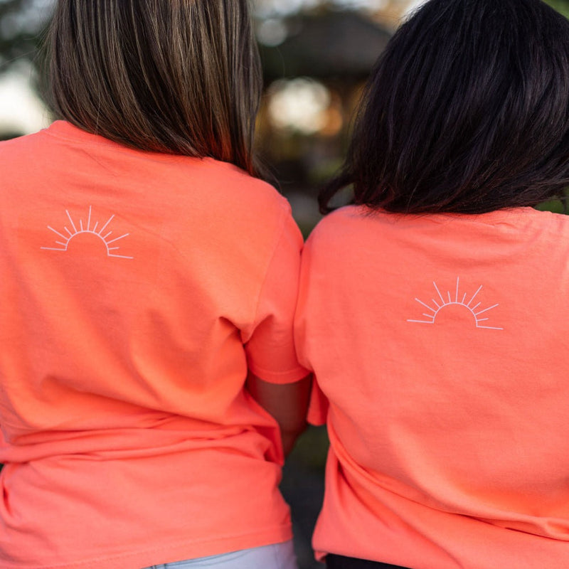 Embroidered Go Ahead and Live a Little / Printed Sunrise (on back) - Neon Tangerine Pocket Tee
