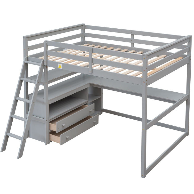 Modern Loft Bed With Built In Desk, Shelves, And 2 Drawers