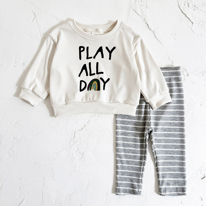 Loose Children's Clothing Letter Print Round Neck Long Sleeve Striped Trousers Suit