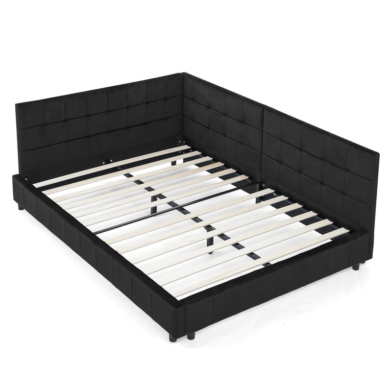 Mid-Century Full Size Upholstered Tufted Bed Frame with Comfortable Backrest and Armrests, Velvet, Black
