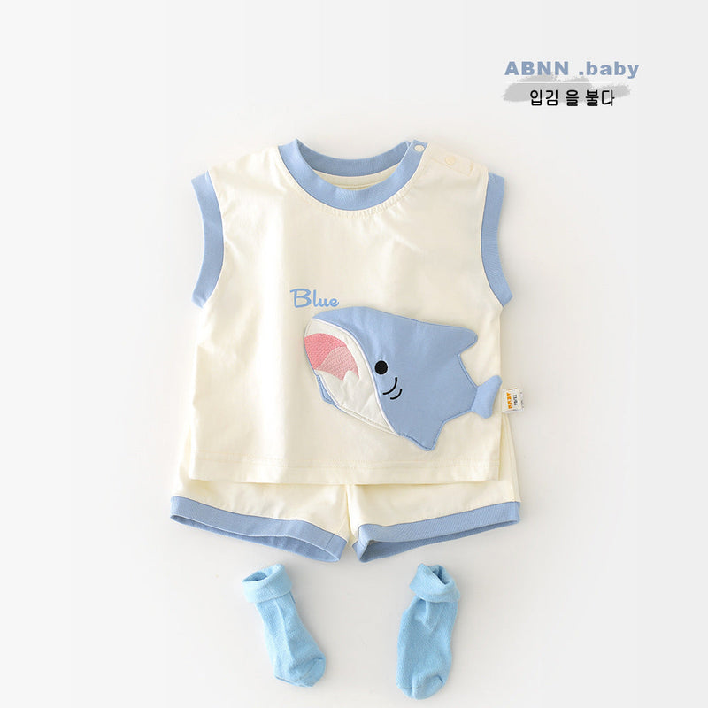 Korean Style Boys And Girls Summer Cartoon Shark Vest Suit