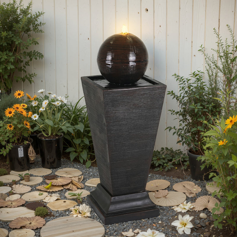 35.5' Dark Brown Concrete Tall Column Fountain with LED Lights