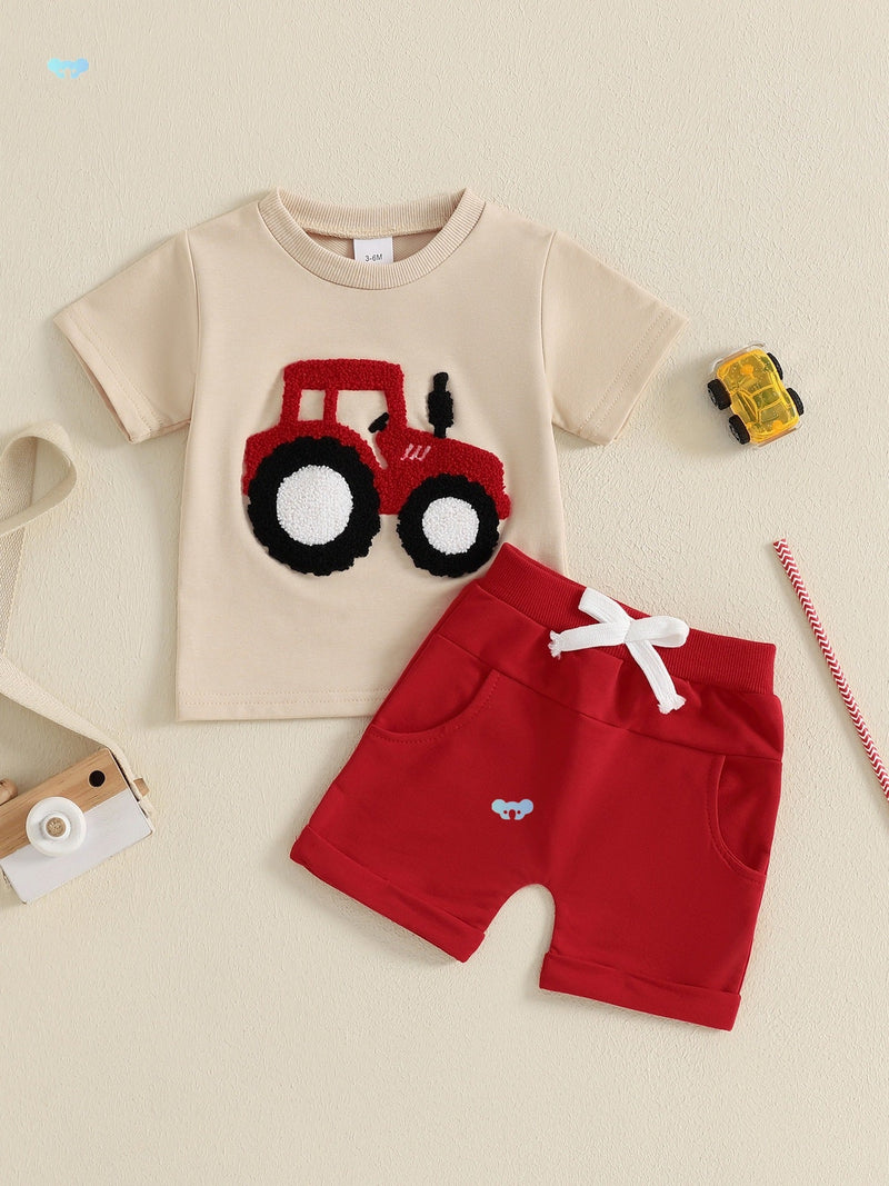 Toddler Boys Summer Outfits Truck Embroidered Round Neck