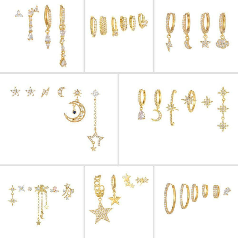 Stacking 6 Pieces Starry Lightning Earring Set,18k Gold Plated Stud Drop Hoop, S925 Needle, Stacked Lobe Designs with Dazzling Zirconia