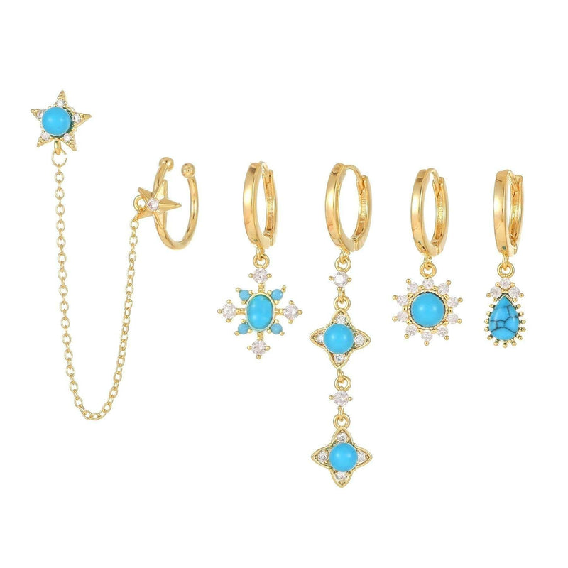 Multi Sets of Blue Flower Pierced Earrings, 4-6pcs, 18k Gold Plated Stud Drop Hoop Huggie Cuff Chain, S925 Needle, Stacked Lobe Designs with Dazzling Zirconia