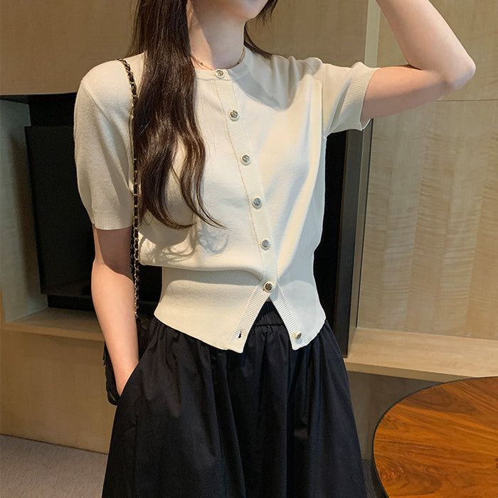 French Style Unique Temperament Crew Neck Short Sleeve Knitted Cardigan