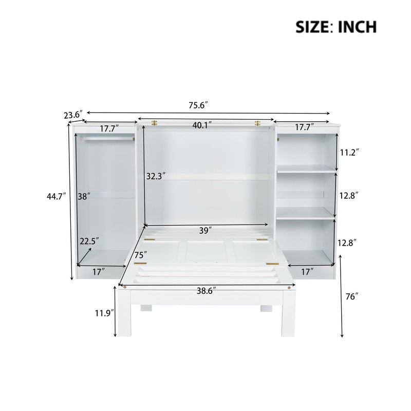 Twin Size Murphy Bed With Bedside Shelves And Wardrobe - White