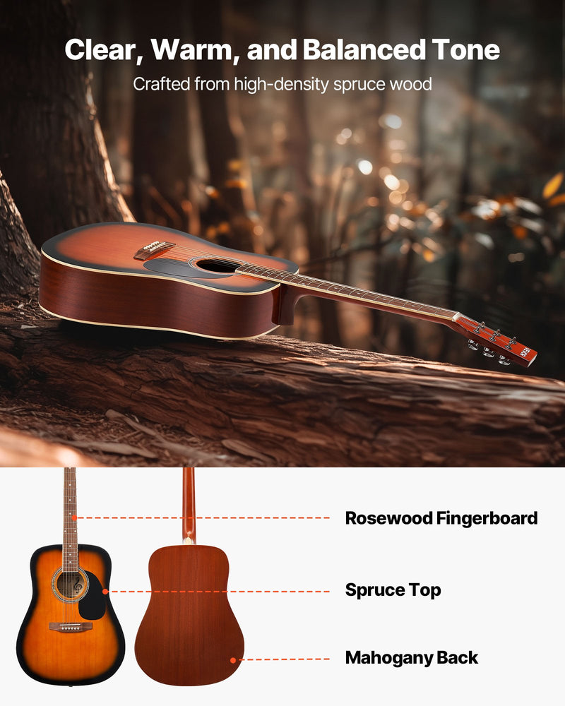 Dreadnought Acoustic Guitar, 41 In, 6-String Sunburst Solid Spruce Top Guitar, Beginner Bundle With Gig Bag, Tuner, Strap, Strings, Picks, Capo, Rosewood Fingerboard, For Adult Taller Player