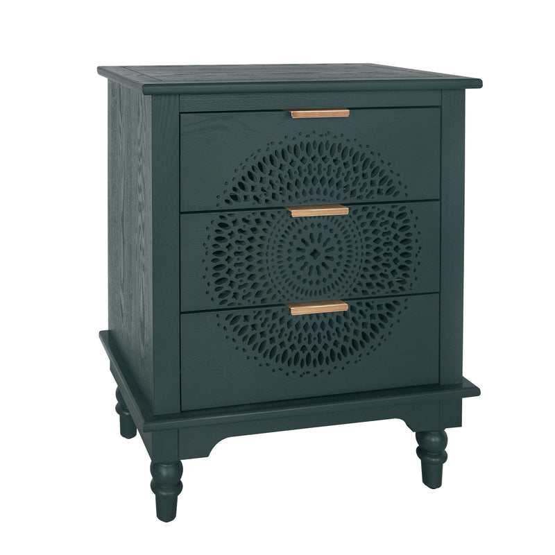 Hollow Carved 3 Drawer Dresser With Metal Handles, Storage Chest For Living Room Or Bedroom - Blackish Green