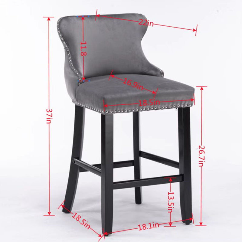 Contemporary Upholstered Wing-Back Barstools With Button Tufted Decoration And Wooden Legs, And Nailhead Trim, Leisure Style Bar Chairs, Bar Stools (Set of 2)