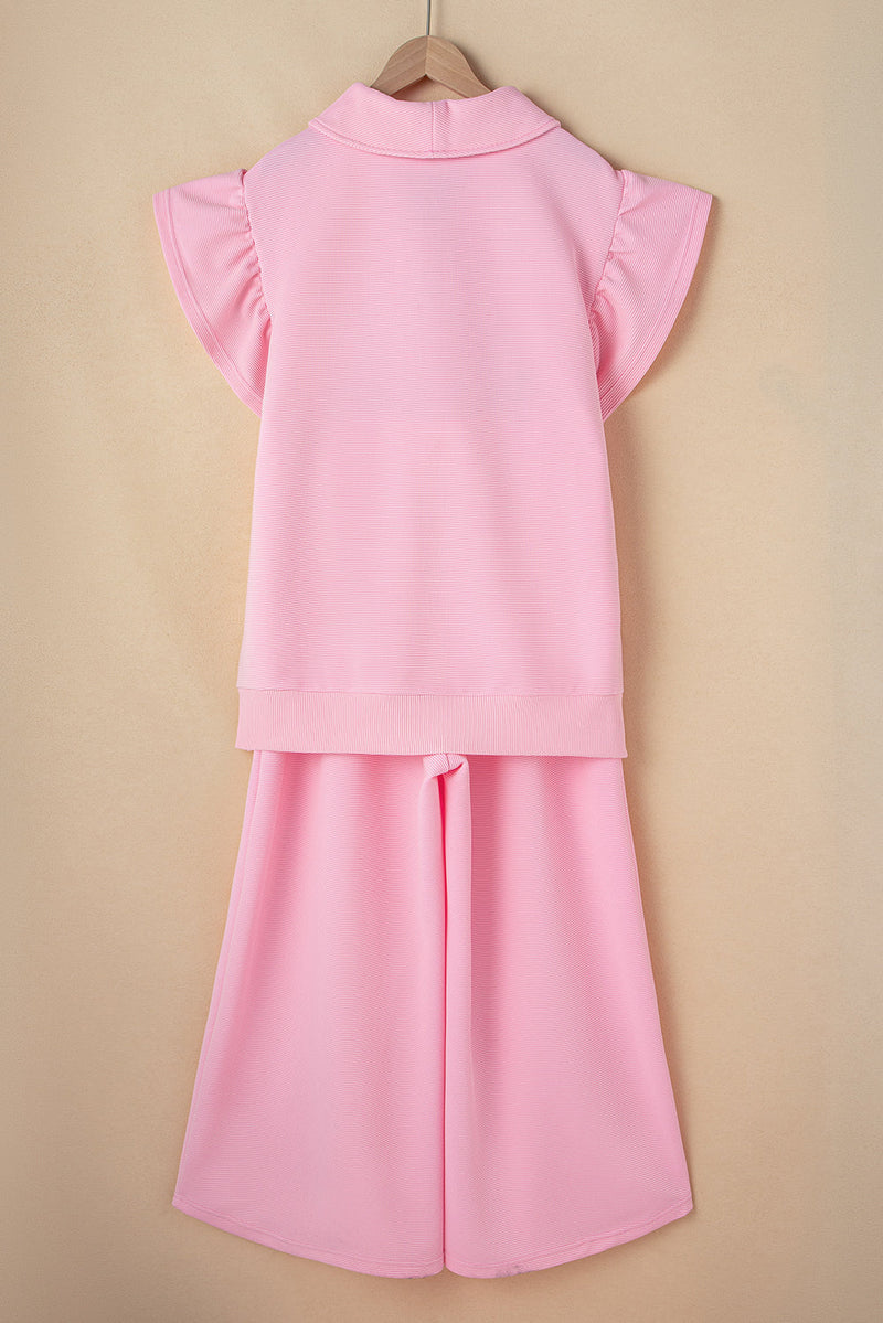 Kallie Ruffled Sleeve Zipped Top and Wide Leg Pants Set