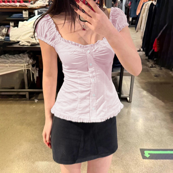 Sweet Slim Fit U-shaped French Wooden Ear Lace-collared Blouse