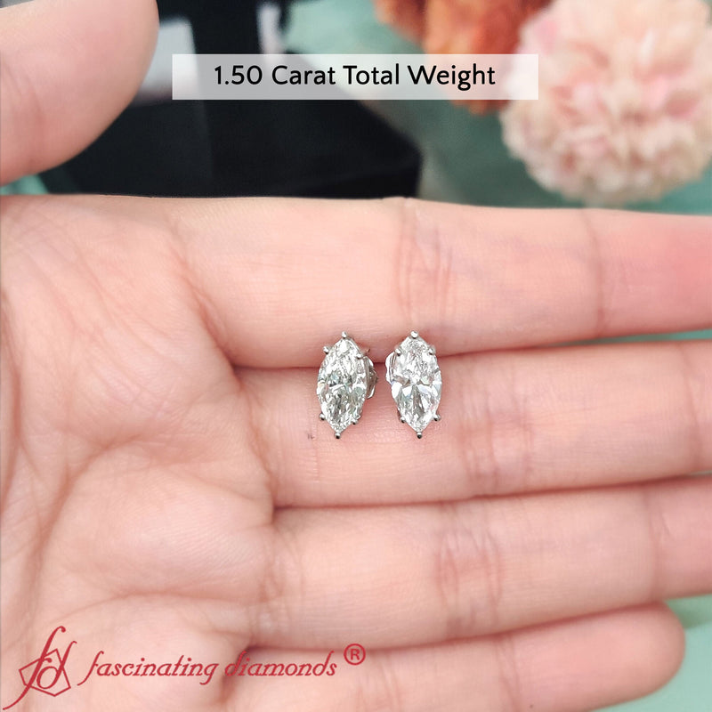 6 Prong Marquise Diamonds Solitaire Stud Earring in Basket Setting