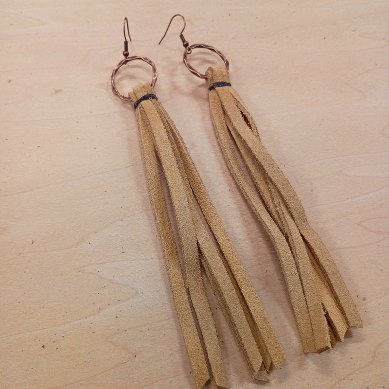 Genuine Leather Tassel Earring-Cream 205b