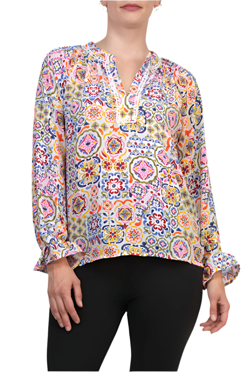 Grace Bohemian Intricate Tile Detail Crochet Trim Edges V-Neckline Elastic Cuffs Top Blouse Dress