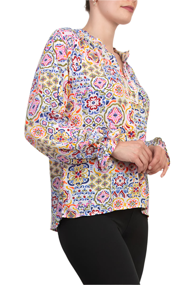 Grace Bohemian Intricate Tile Detail Crochet Trim Edges V-Neckline Elastic Cuffs Top Blouse Dress