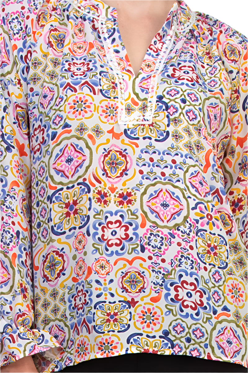 Grace Bohemian Intricate Tile Detail Crochet Trim Edges V-Neckline Elastic Cuffs Top Blouse Dress