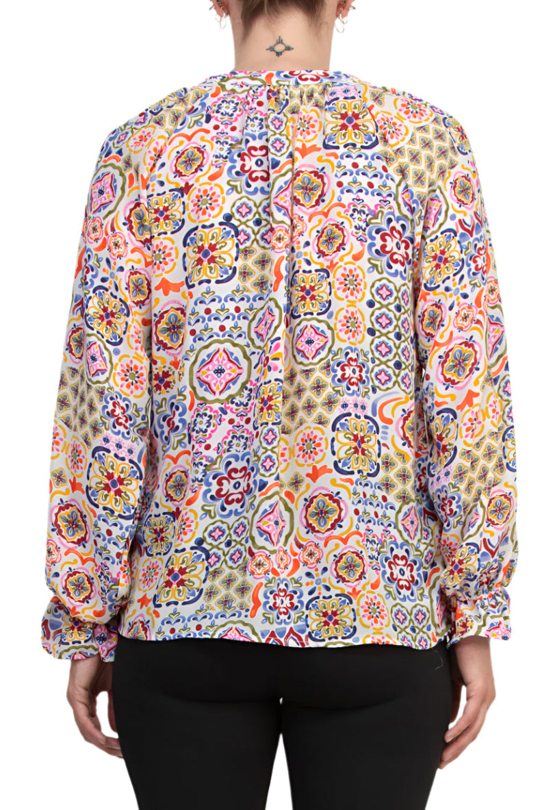 Grace Bohemian Intricate Tile Detail Crochet Trim Edges V-Neckline Elastic Cuffs Top Blouse Dress