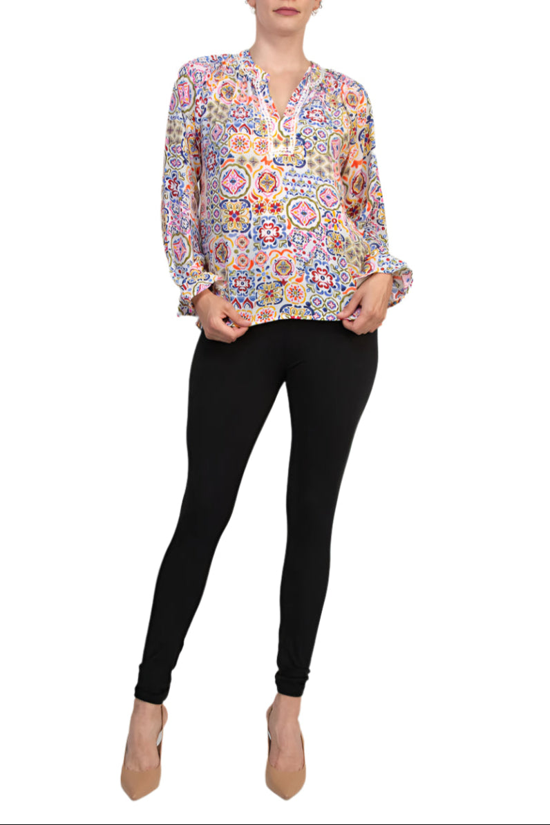 Grace Bohemian Intricate Tile Detail Crochet Trim Edges V-Neckline Elastic Cuffs Top Blouse Dress