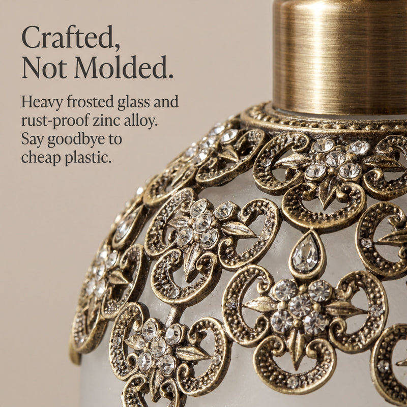 Soap Dispenser – Elegant Frosted Glass, Pewter & Rhinestone Decorative Pump