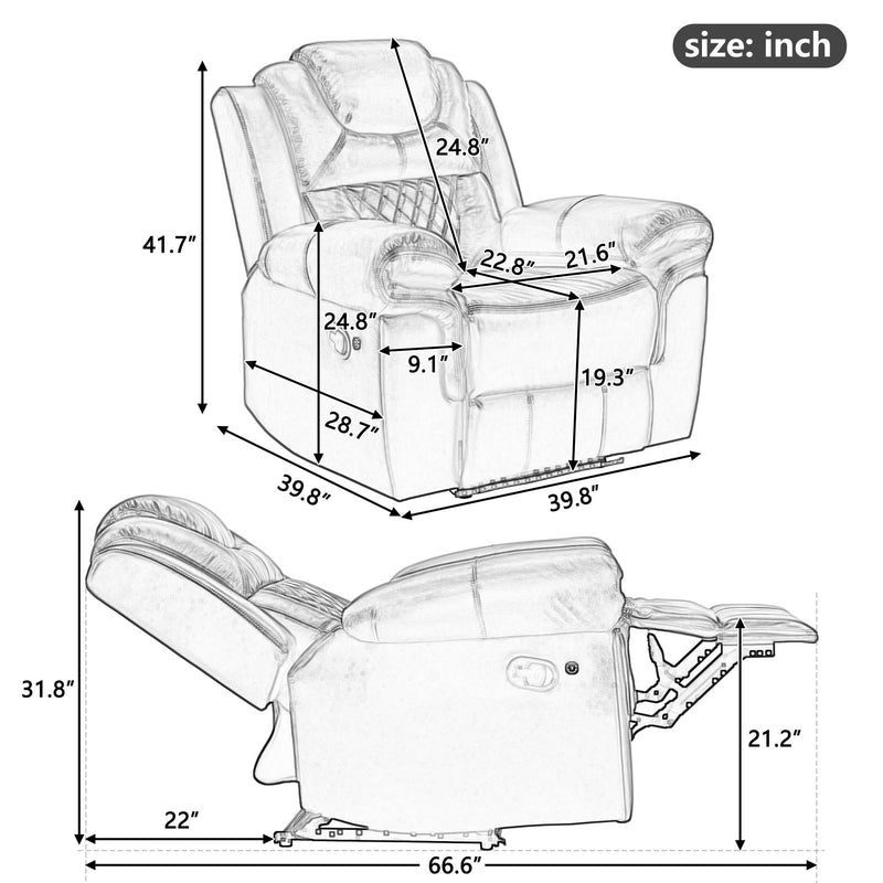 3 Pieces Recliner Sofa Sets Home Theater Seating Manual Recliner Chair & Center Console And LED Light Strip For Living Room - Brown