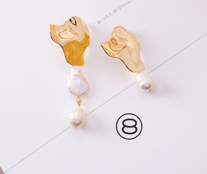 Vintage geometric metal pearl asymmetric earrings design personalized earrings