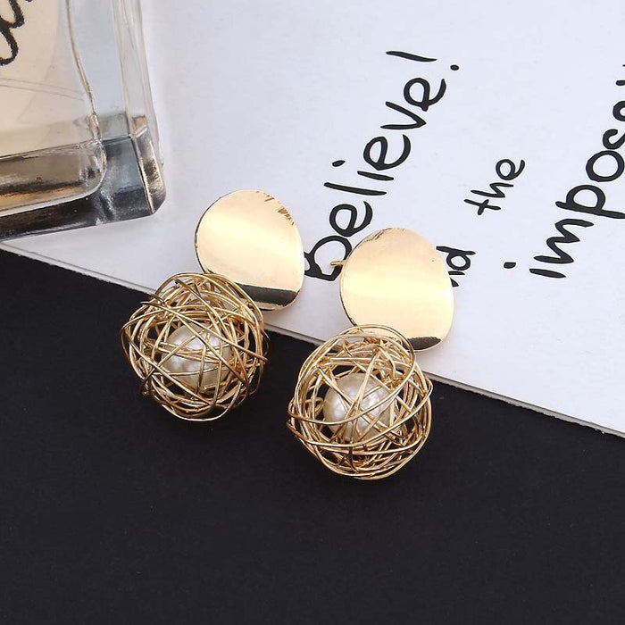 Vintage Geometric Earrings Simple Woven Ball Pearl Stud Earrings
