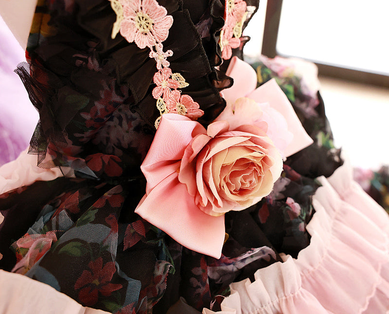 Luxury Floral Dog Dress with Ruffled Skirt & Pink Bow