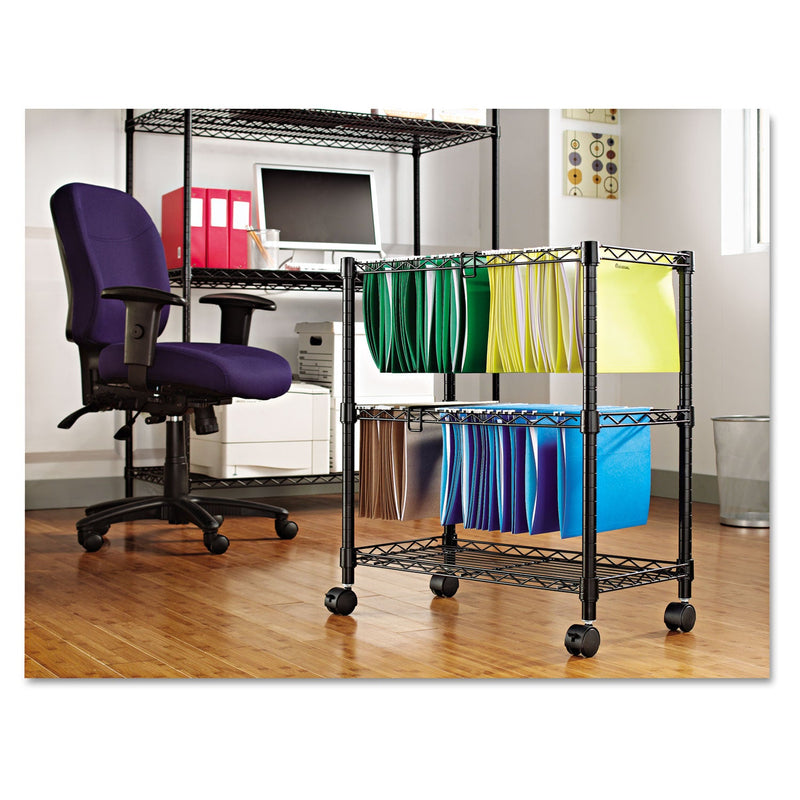 Alera Two-Tier File Cart for Front-to-Back + Side-to-Side Filing, Metal, 1 Shelf, 3 Bins, 26" x 14" x 29.5", Black
