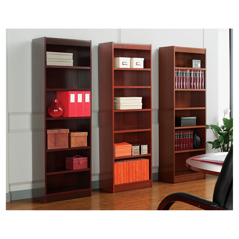 Alera Square Corner Wood Veneer Bookcase, Six-Shelf, 35.63w x 11.81d x 71.73h, Mahogany