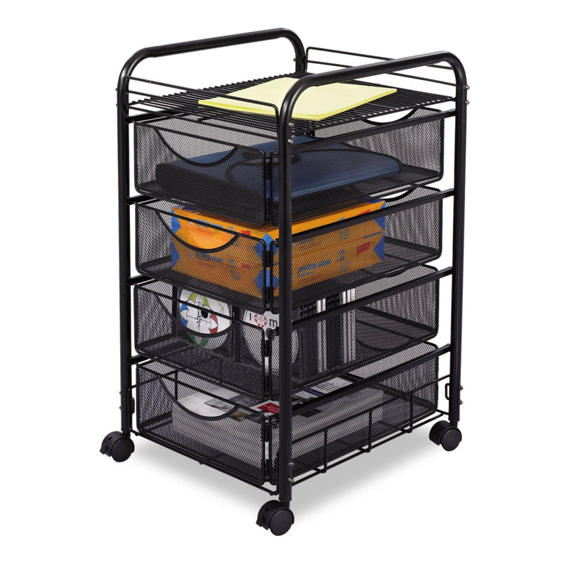 Safco Onyx Mesh Mobile File with Four Supply Drawers, Metal, 1 Shelf, 4 Drawers, 15.75" x 17" x 27", Black