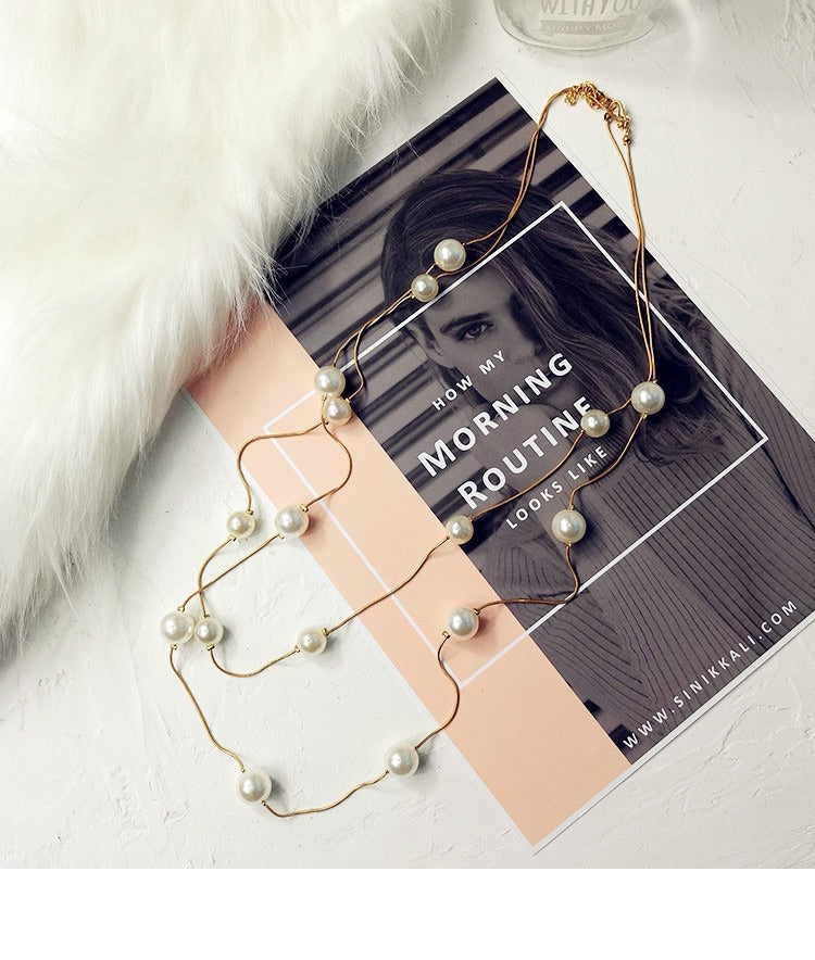 Multi Layer Pearl Sweater Chain Necklace