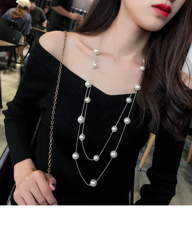 Multi Layer Pearl Sweater Chain Necklace