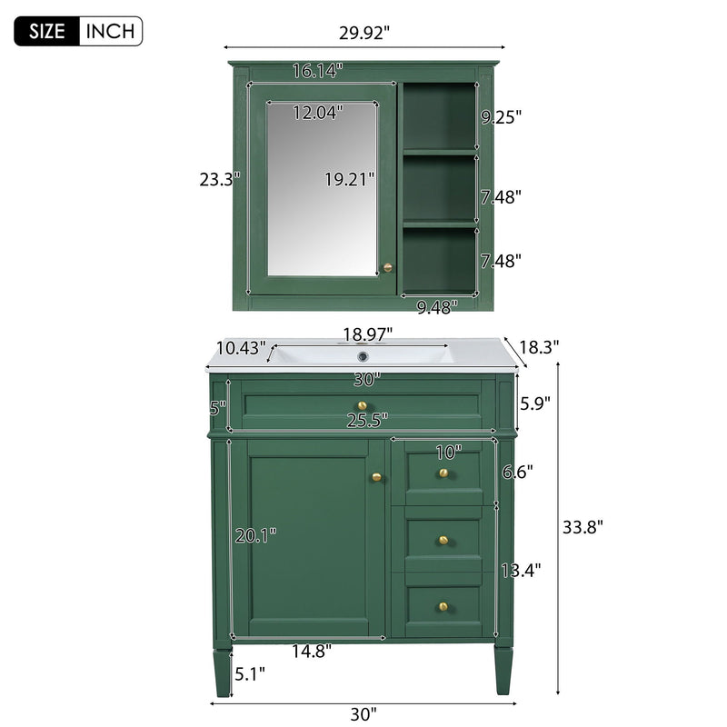 Bathroom Vanity With Top Sink, 2 Doors And 3 Drawers, Freestanding Set With Mirror Cabinet