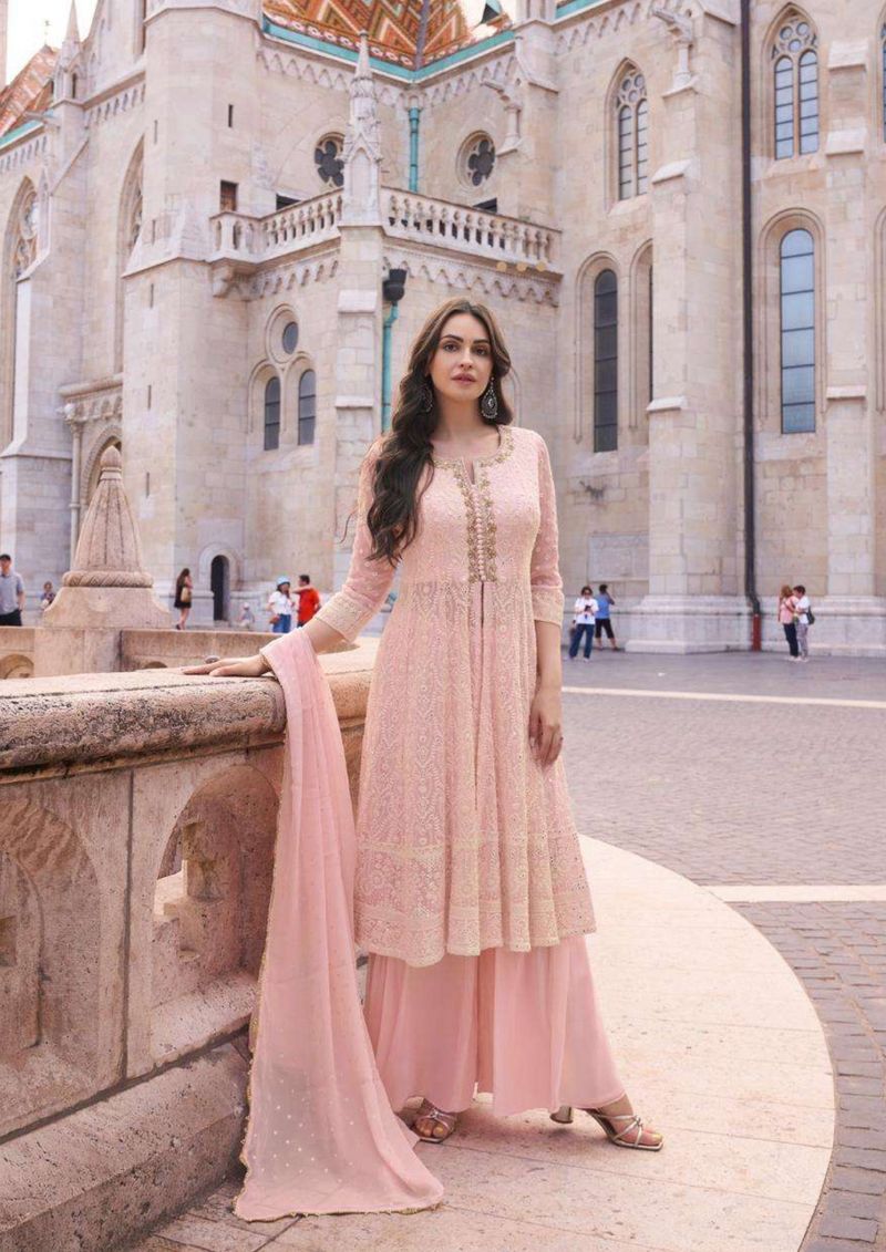 Blush Pink Embroidered Palazzo Suit with Dupatta in Georgette