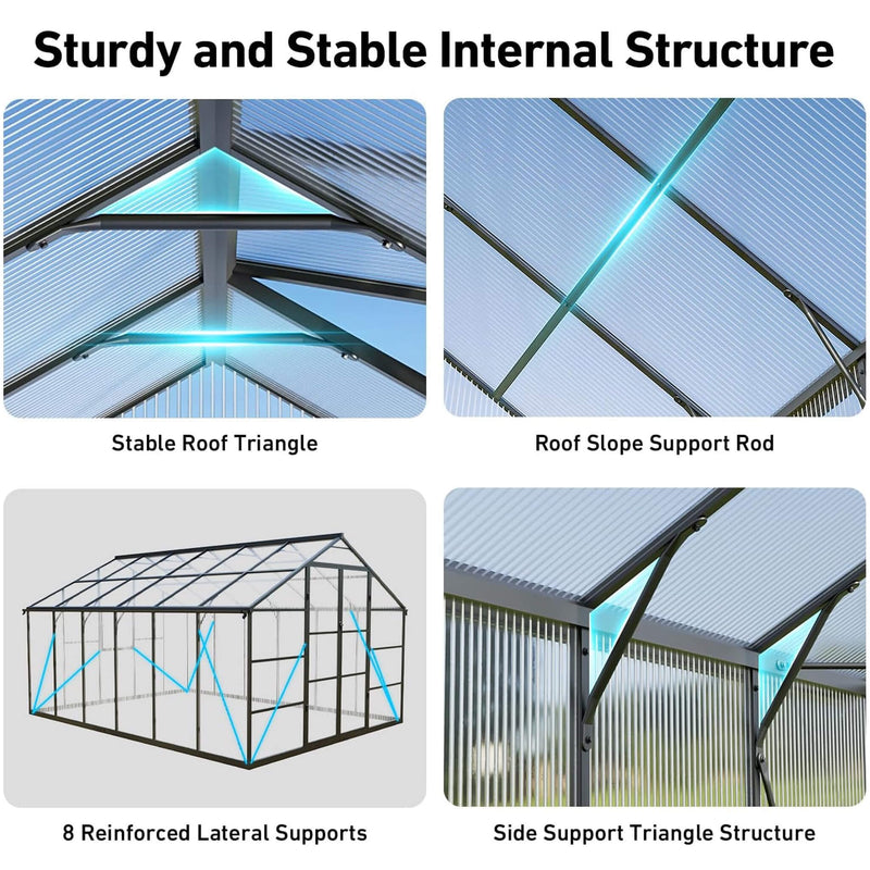 [10X12FT] Outdoor Polycarbonate Aluminum Greenhouse With UV Protection And Thermometer (SAK59183)