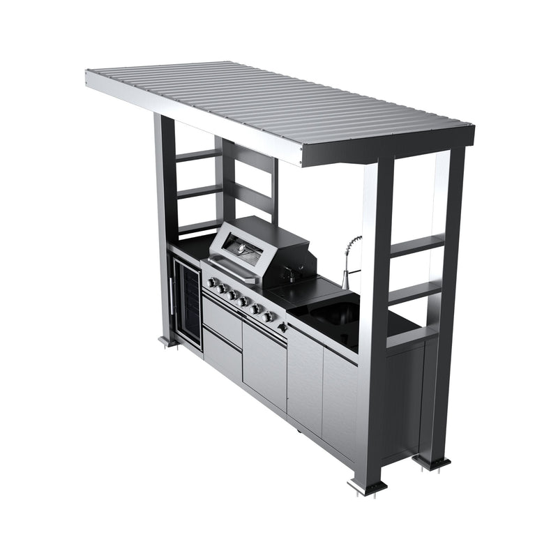 Castelle Flame Imperial 110-Inch 4-Burner 72K BTU Deluxe Stainless Steel Outdoor Kitchen Grill Island With Wine Cooler, Rotisserie, Cabinets, And Granite Countertops (SAK94721)
