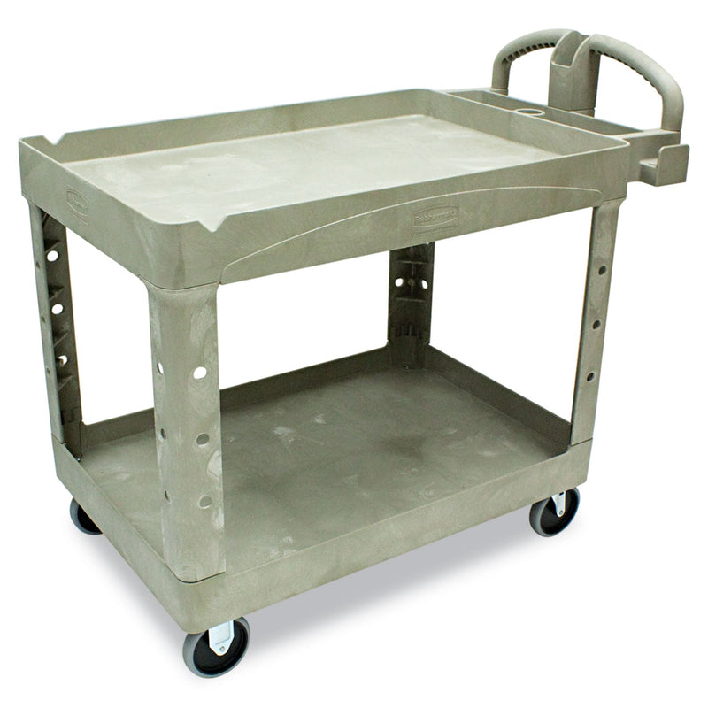 Rubbermaid Heavy-Duty Utility Cart with Lipped Shelves, Plastic, 2 Shelves, 500 lb Capacity, 25.9" x 45.2" x 32.2", Beige