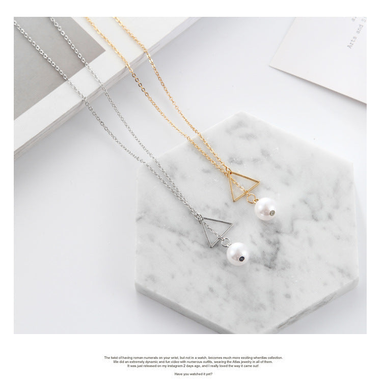 Hollow Triangle Pearl Lariat Necklace