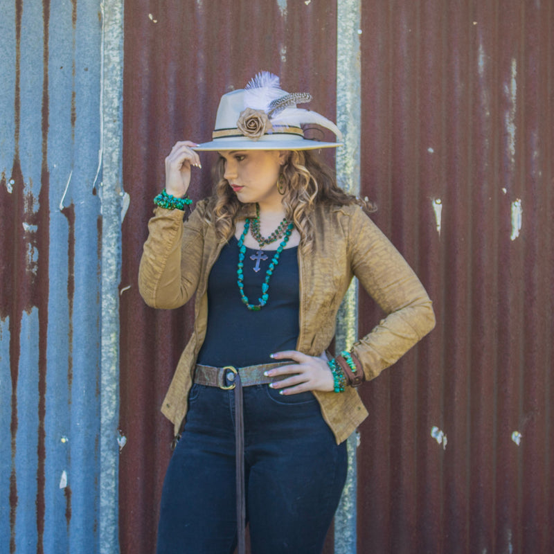Leather Hat Band w/ Silk Flower & Feathers-Coffee (Band Only) 952y