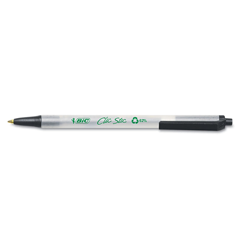 BIC Ecolutions Clic Stic Ballpoint Pen, Retractable, Medium 1 mm, Black Ink, Clear Barrel, Dozen