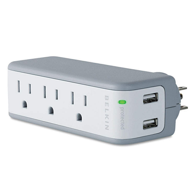 Belkin Wall Mount Surge Protector, 3 AC Outlets/2 USB Ports, 918 J, Gray/White