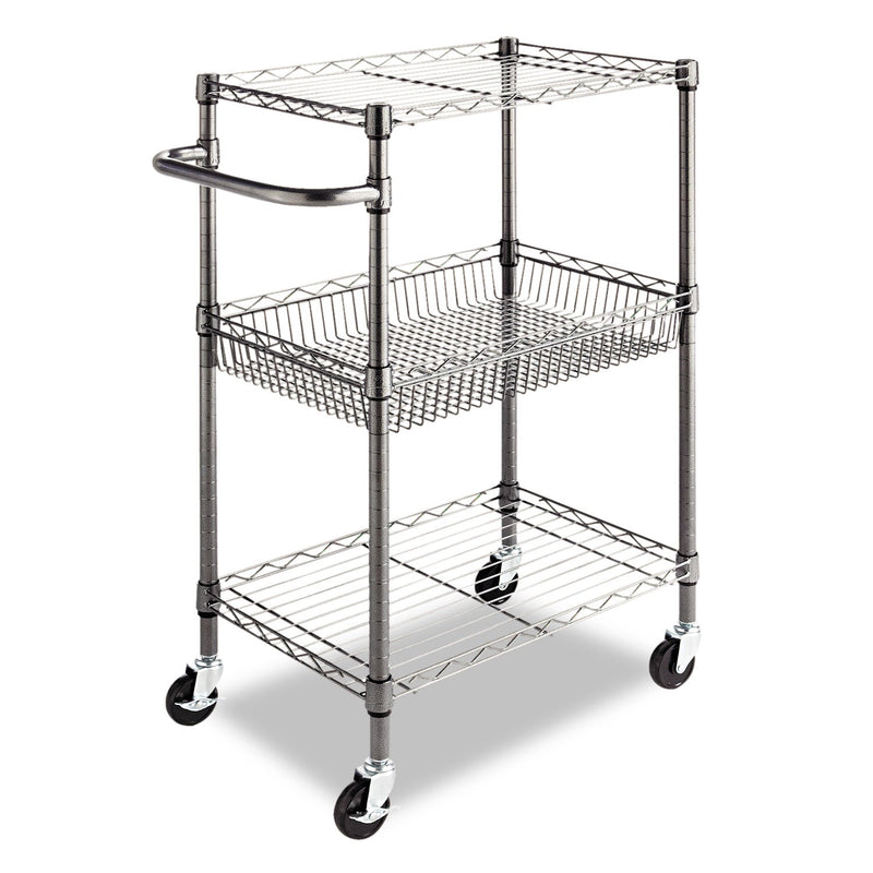 Alera Three-Tier Wire Cart with Basket, Metal, 2 Shelves, 1 Bin, 500 lb Capacity, 28" x 16" x 39", Black Anthracite