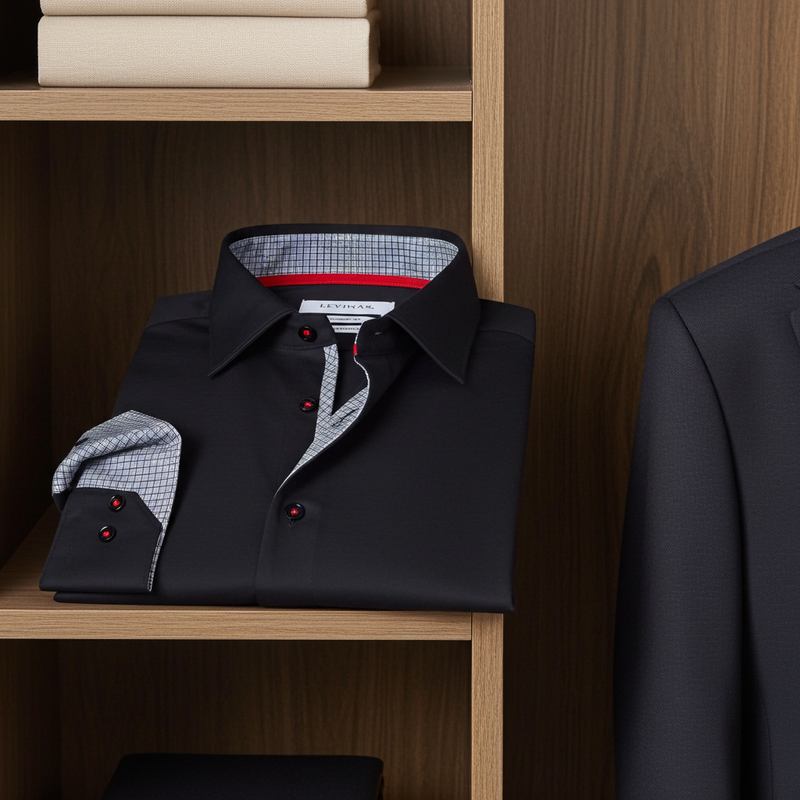 Donny// Cotton Knit-Stretch Button-Up Shirt With Contrast Details // Black // Tailored Fit (Fitted)